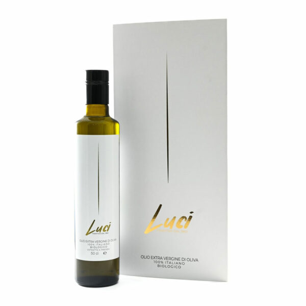 Bottiglia 500 ml (50 cl) Olio extravergine di oliva Biologico con scatola regalo - Olio EVO Bio - Azienda Agricola Luci